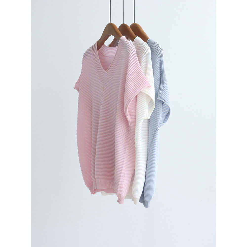 休闲气质轻薄V领针织衫短袖夏季简约天丝套头上衣谷波纹理罩衫T恤