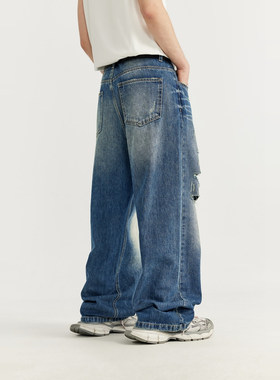 原创复古破洞阔腿牛仔裤美式男潮牌宽松嘻哈阔腿裤直筒长裤男街头