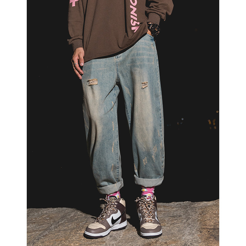 原创美式复古做旧破洞九分牛仔裤男潮牌宽松嘻哈阔腿裤直筒长裤男,男装,牛仔裤,淘宝优惠券,粉丝福利购,淘宝优惠卷