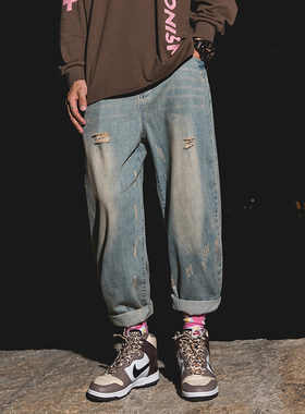 原创美式复古做旧破洞九分牛仔裤男潮牌宽松嘻哈阔腿裤直筒长裤男