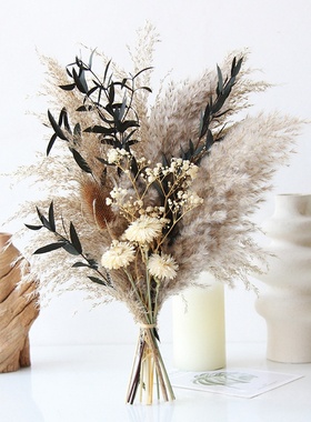 客厅小众干花蒲苇细叶混搭花束