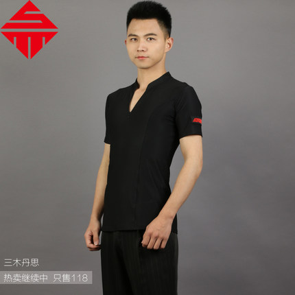 拉链舞衣短袖T恤V领摩登舞服夏季拉丁舞服装广场舞蹈服装男表演服
