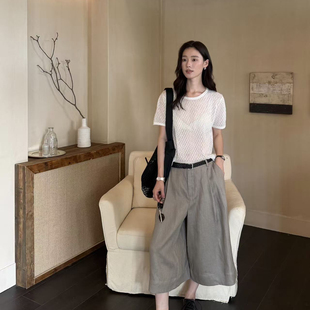 LAS CELULA-轻薄透气卷边袖口纯色针织打底衫小衫(含8亚麻)82400