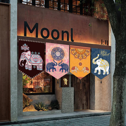泰式大象东南亚三角装饰布民族印度风餐厅门头魔术贴挂布帘布画