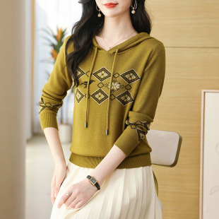 连帽卫衣女针织衫 2024早春新款 上衣妈妈春装 休闲带帽毛衣打底小衫