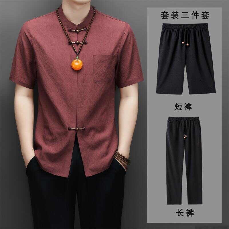 唐装男中国风2026夏季衣服爷爷短袖三件套爸爸装套装60-70-80岁
