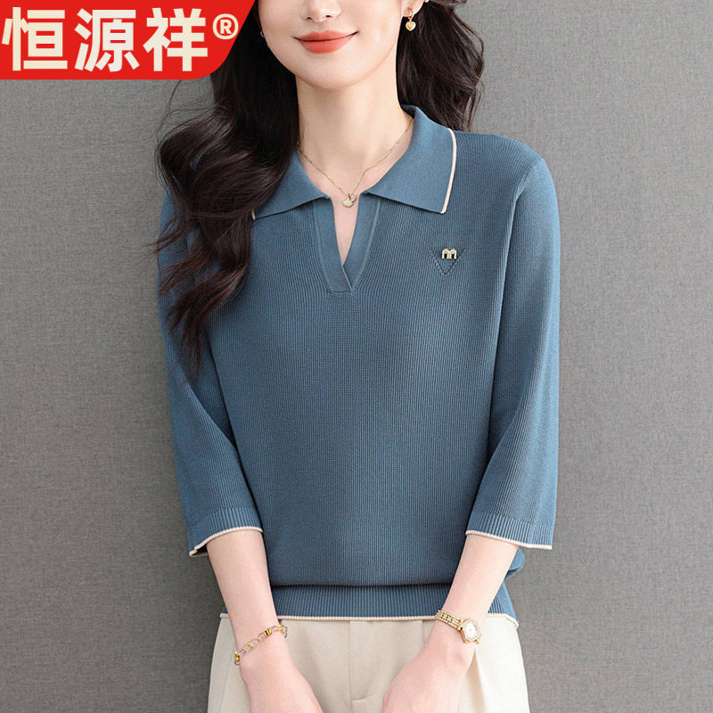 恒源祥七分袖翻领针织衫女薄款夏图片