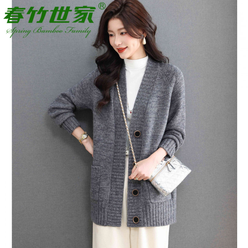 春竹粗毛线v领针织开衫女宽松外图片