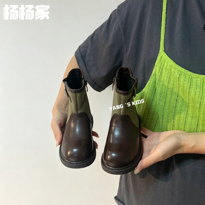 儿童拼接马丁靴秋冬季新款女童帆布皮面短靴男童软底防滑机车靴子