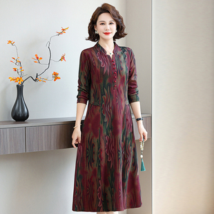 中老年女装春秋长袖连衣裙40岁50妈妈过膝长裙时尚阔太太碎花裙子