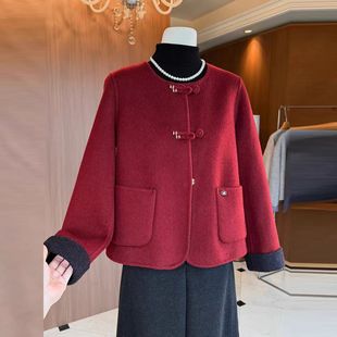 妈妈装小香风高级感羊毛呢外套短款女秋冬喜婆婆高贵婚宴红色礼服