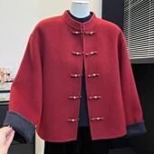 新中式 红色双面羊毛大衣女短款 立领盘扣高级感撞色国风羊毛呢外套