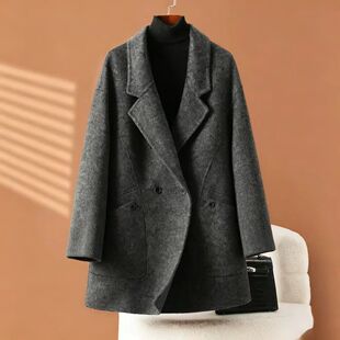 2026秋新款双面羊毛大衣女中长款小个子通勤羊毛呢西装领修身外套