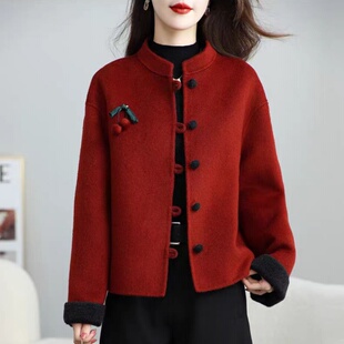 短款 毛呢外套时尚 大衣 妈妈红色洋气双面呢中年女冬装 本命年新中式