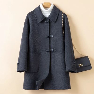 大码秋冬牛角扣双面羊毛大衣中长款宽松毛呢外套新款小个子外套女