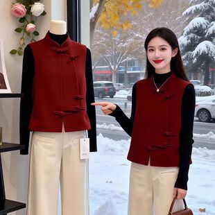 网红同款2026春季新立领国风盘扣羊毛实拍高级感新中式红色马甲