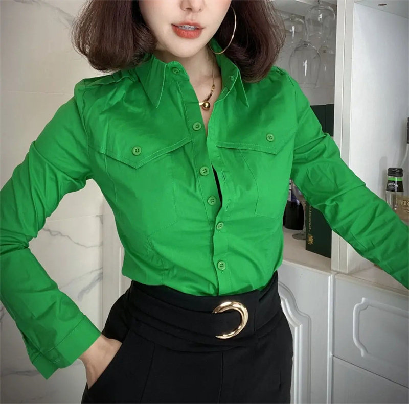 糖果色方领长袖单排扣棉质修身衬衫女欧洲站春秋新门派百搭衬衣潮