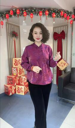 春秋舒适立领长袖盘扣浮光锦丝滑宽松衬衫上衣女洋气潮流