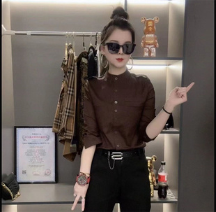 立领长袖单排扣修身微弹透气经典时髦职业百搭棉质衬衫女上衣港味