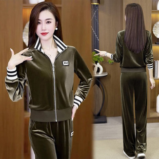 高档金丝绒运动套装女2025春秋新款时尚洋气减龄外套阔腿裤两件套