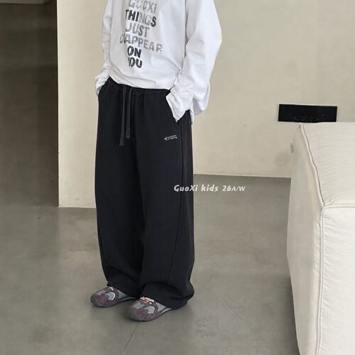 GUOXI果皙儿童针织长裤2026秋款男女中大童宽松直筒阔腿休闲卫裤
