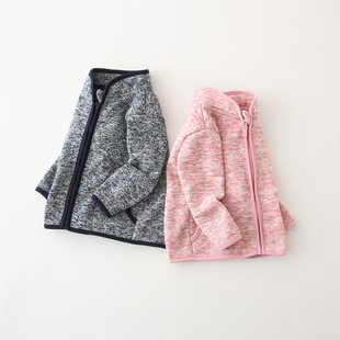 秋新款儿童外套3-8岁外出服麻灰色舒棉绒纯色编织拉链衫