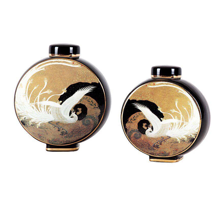 咖啡色陶瓷祥云瑞鹤储物罐子椭圆形瓶子摆件欧式客厅样板房装饰品