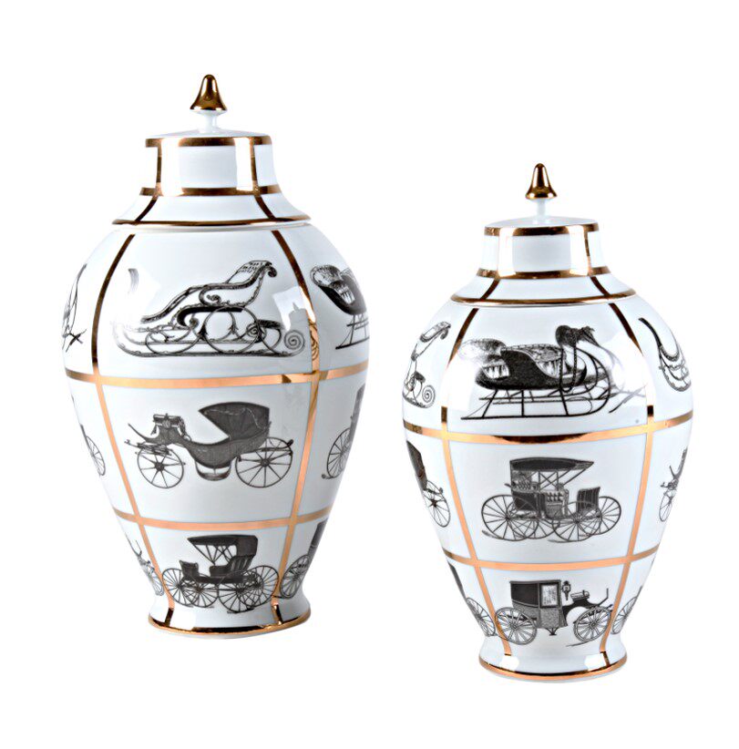 黑白金边陶瓷古斯塔夫马车储物罐花瓶摆件欧式客厅现代创意装饰品