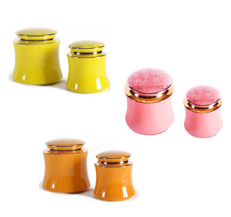 橙黄桃红色陶瓷贝拉米储物罐子绣花金边瓶子摆件 欧式客厅装饰品