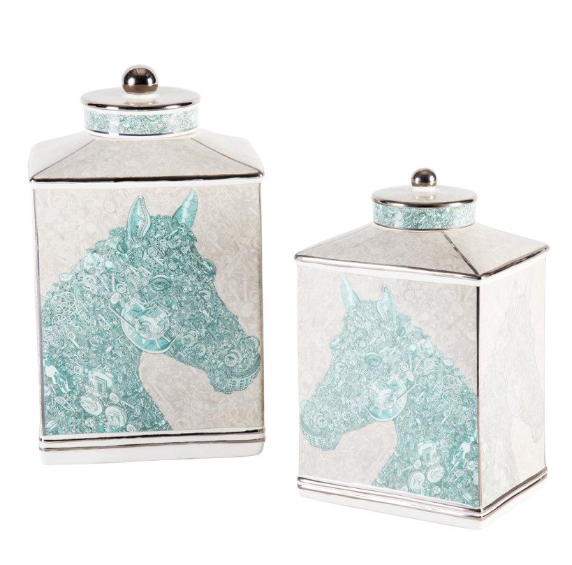 灰蓝色陶瓷德克里四方形马头储物罐子瓶子摆件欧式客厅创意装饰品