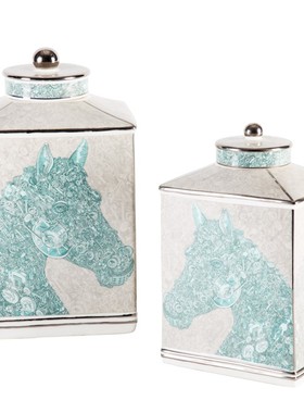 灰蓝色陶瓷德克里四方形马头储物罐子瓶子摆件欧式客厅创意装饰品