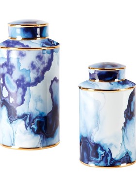 蓝紫色陶瓷浮笔文墨储物罐子瓶子摆件 欧式客厅样板房现代装饰品