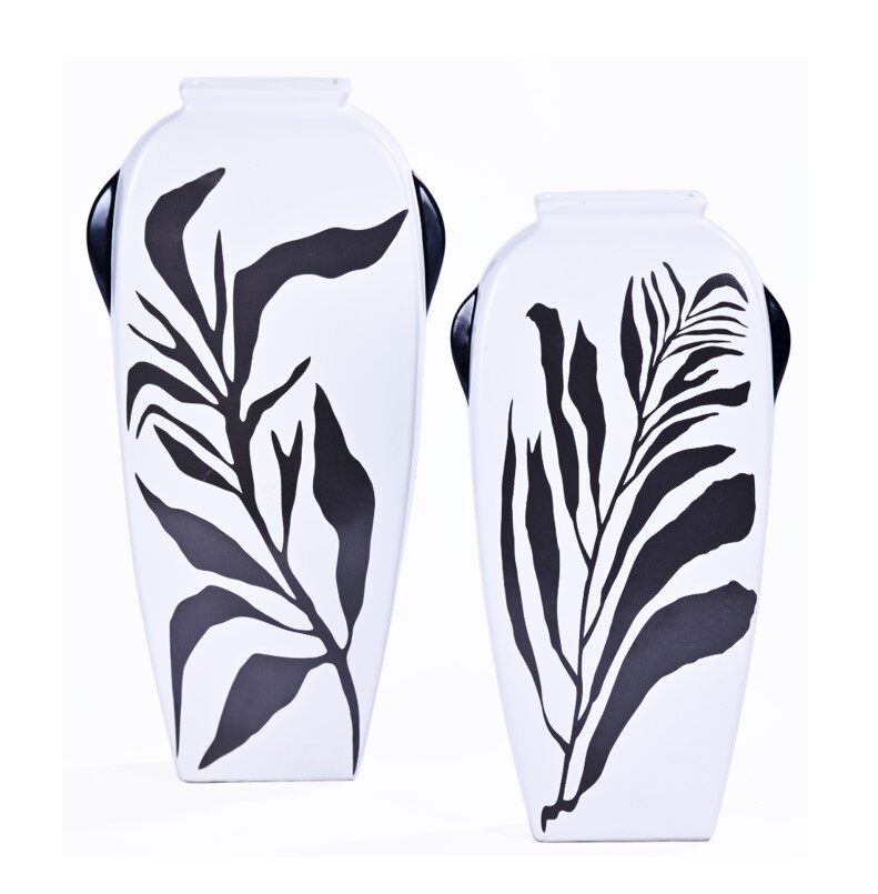 黑白陶瓷树叶子带耳朵罗基琳花瓶插花摆件 欧式客厅板房现代饰品