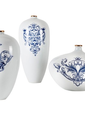 白蓝色卡罗拉陶瓷花瓶欧花创意花器摆件 欧式客厅样板房时尚饰品