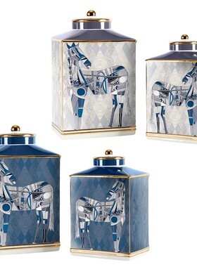 深蓝灰色陶瓷马琪拉爱马花瓶带盖罐子摆件欧式客厅电视柜创意饰品