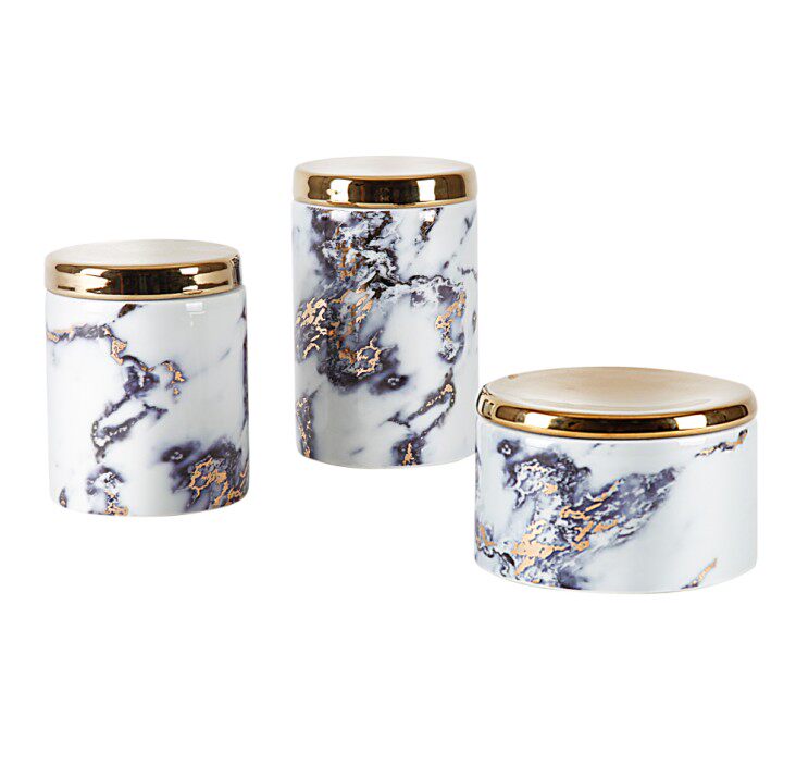 墨色陶瓷大理石纹储物罐子瓶子金色盖子摆件 欧式客厅创意装饰品