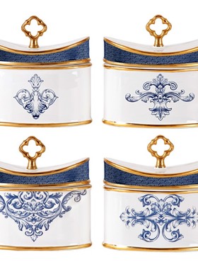 黑蓝色卡罗拉陶瓷花瓶带盖罐子摆件 欧式客厅样板房电视柜装饰品