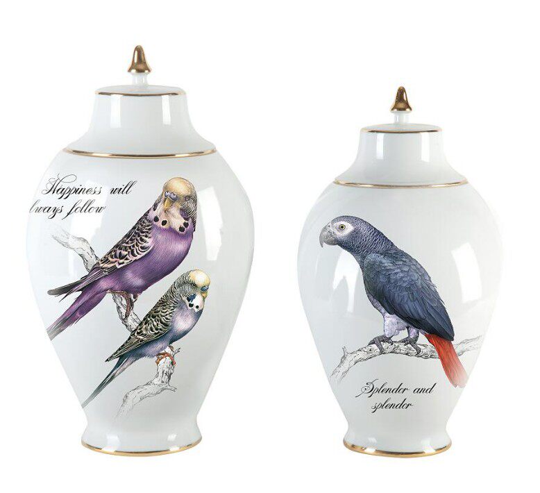 紫蓝色鹦鹉语录陶瓷字母带盖花瓶摆件 欧式客厅创意现代工艺品