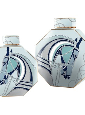 浅蓝色陶瓷亚摩斯马头储物罐子八边形摆件欧式客厅创意样板房饰品