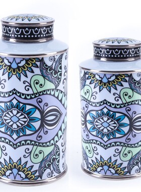 浅紫色银边美杜莎陶瓷储物罐子摆件 欧式个性礼物创意样板房饰品