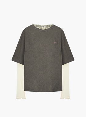 韩国直邮～depound～蕾丝假两件～长袖体恤～长65胸59肩53.5