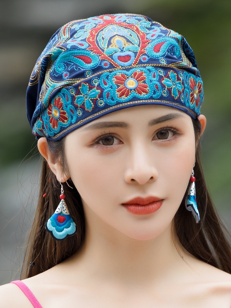 包邮民族风复古休闲刺绣花头巾红色蓝色女士遮白发帽子休闲配饰女