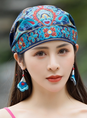 包邮民族风复古休闲刺绣花头巾红色蓝色女士遮白发帽子休闲配饰女
