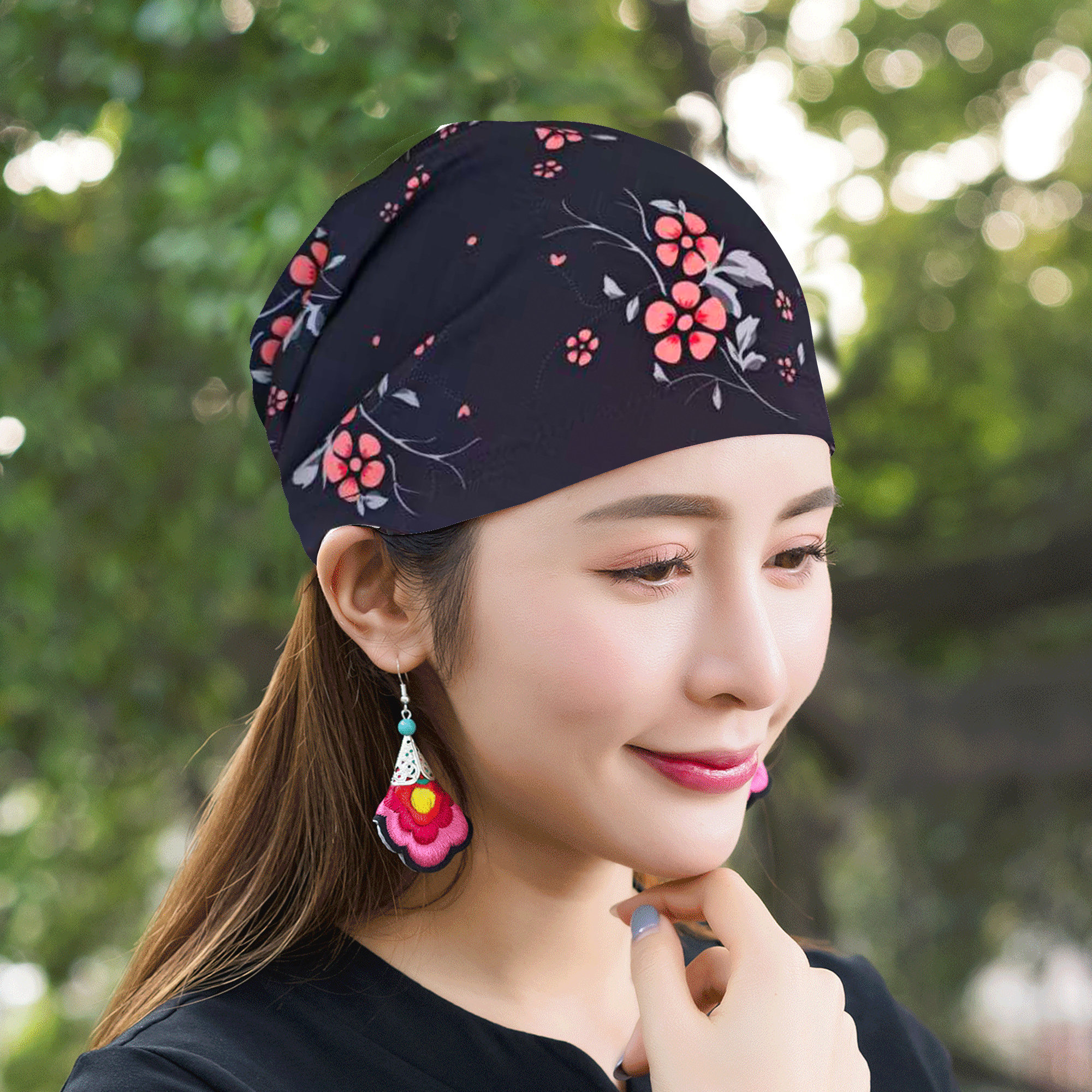 夏季休闲薄款印花包头帽防尘头巾帽遮白发透气帽子女士松紧带帽子