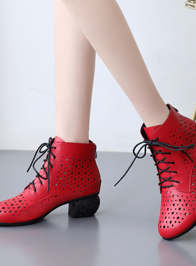 红色跳舞鞋子真皮镂空洞洞鞋女中跟软底妈妈鞋夏季透气凉鞋大码42
