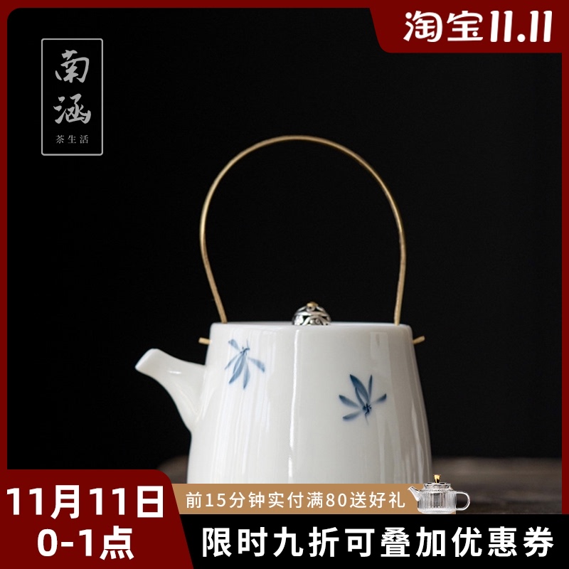 德化白瓷茶壶手绘大号陶瓷功夫茶具羊脂玉瓷单壶大容量提梁壶套装