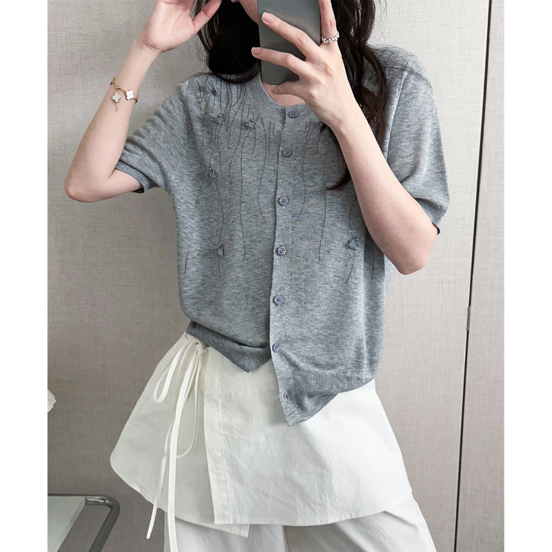 夏季镶钻冰丝短袖针织开衫女