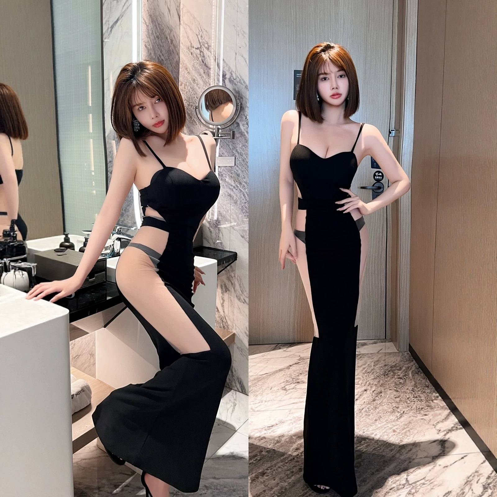 性感透视低胸夜总会礼服显瘦网纱夜场女装连衣裙KTV公主吊带长裙