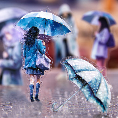 雨中小景PET贴纸人物雨伞雨衣DIY