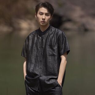 高品男士式黑龟面料立领桑蚕丝香云纱衬衫年轻款上衣短袖真丝男装